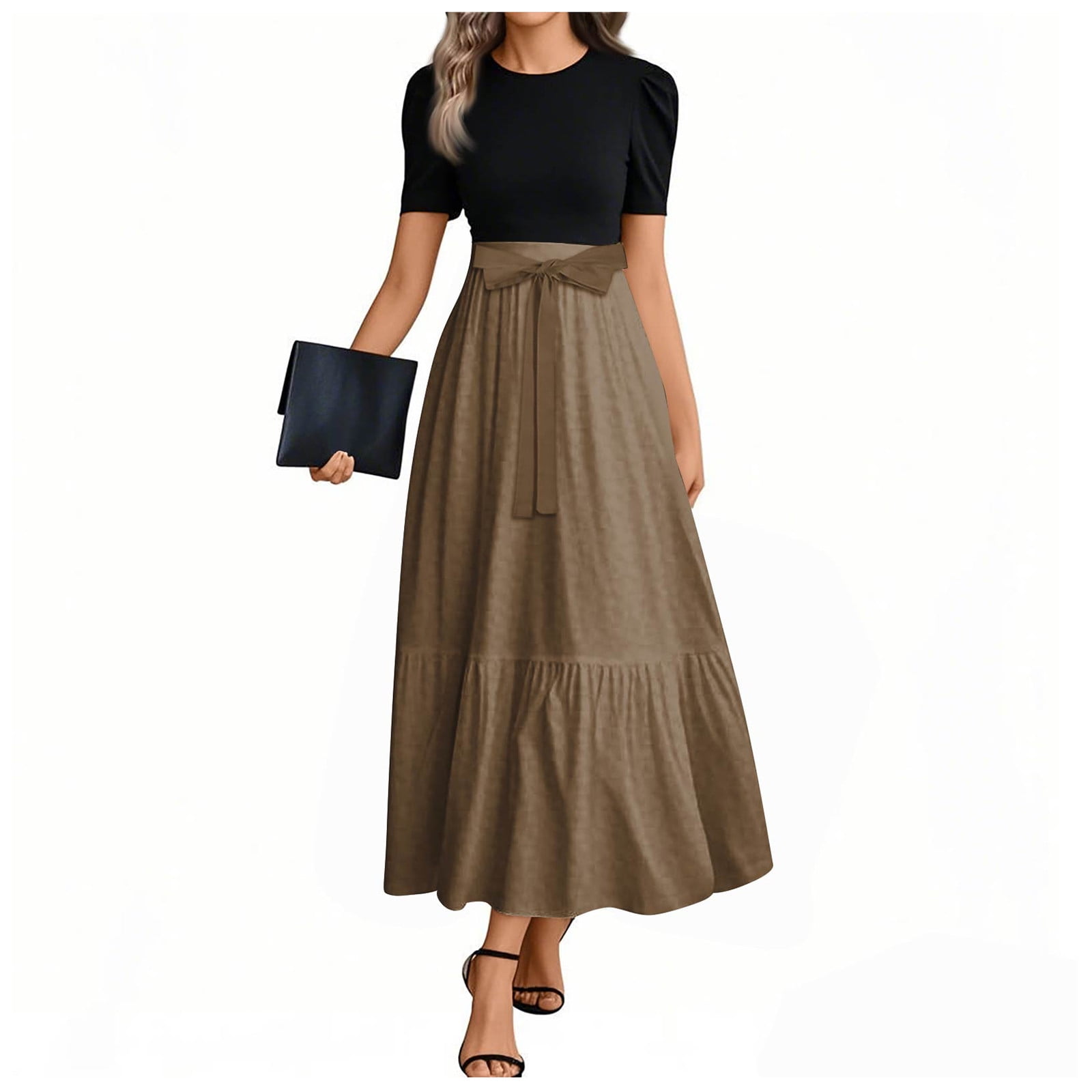 brown church dresses 'Abbi' Cinched Waist Midi Dress Special occasion long dress by Champagne Italy Made in crepe and chiffon fabric Featuring laced bodice and sleeves Perfect women dress for church and any special occasion Women Sunday suits wholesale . Church Dresses - Cute, Modest