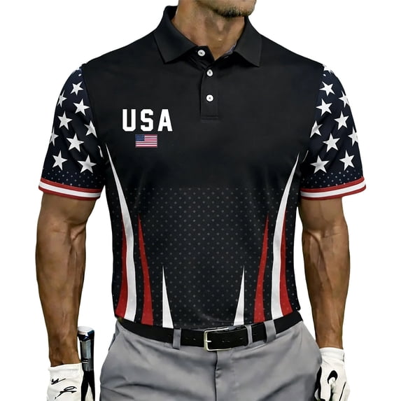 TQWQT Men's American Flag Golf Polo Shirt Short Sleeve Patriotic Performance Polo Quick Dry 4th of July Golf Shirt Independence Day USA Flag Casual Tops Black XL
