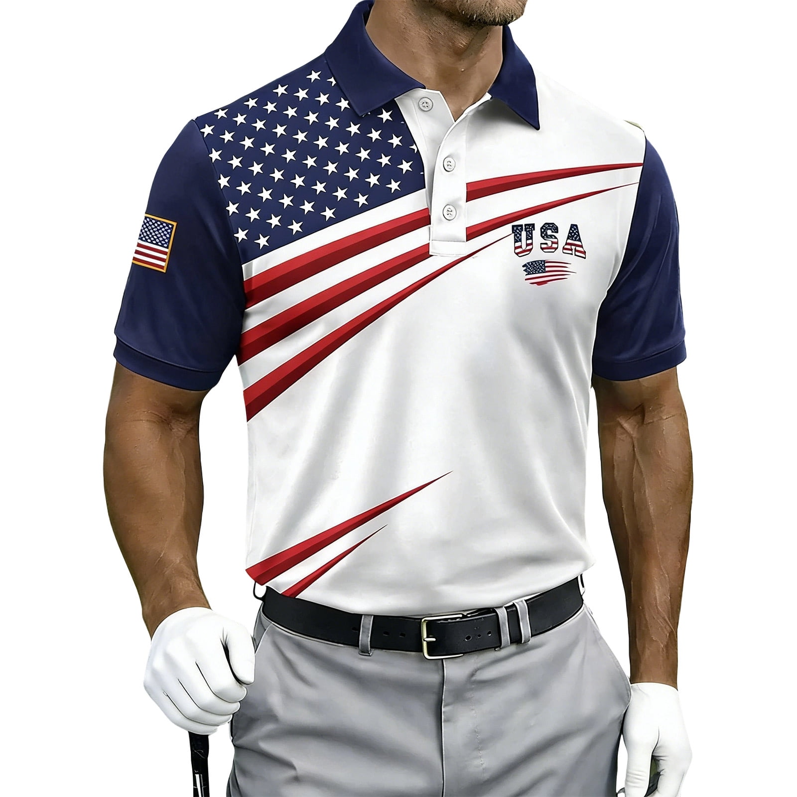 TQWQT Men's American Flag Golf Polo Shirt Short Sleeve Patriotic Performance Polo Quick Dry 4th of July Golf Shirt Independence Day USA Flag Casual Tops Blue XL