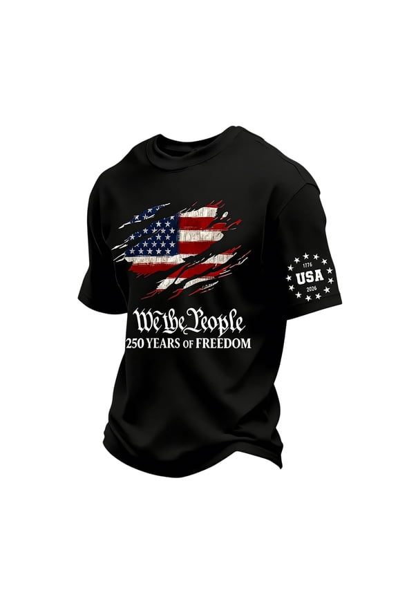 Men's American Flag Patriotic T-Shirt "We The People" 250 Years of Freedom Flag Print Short Sleeve 4th of July Shirt Crew Neck Summer Workout Tops USA Flag Graphic Tees Black L