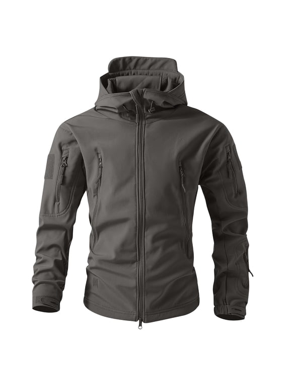 Men's Camo Hooded Tactical Softshell Jacket Full Zip Multi-Pocket Windproof Water Resistant Outdoor Hiking Coat Durable Long Sleeve Hunting Cycling Functional Outerwear Gray M