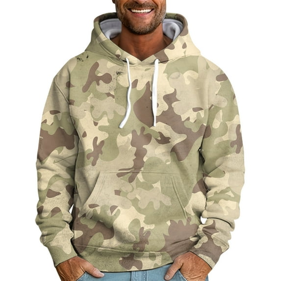 TQWQT Men's Camo Hoodies Casual Fleece Big and Tall Hoodie Hooded Long Sleeve Pullover Camouflage 6XL Hoodies with Pockets Khaki L