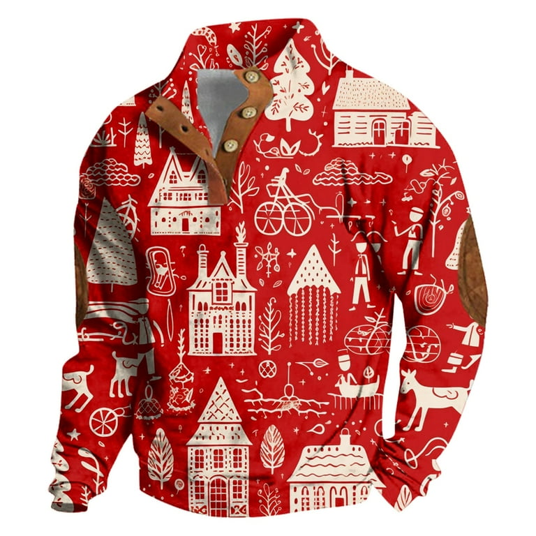 TQWQT Men s Christmas Quarter Zip Pullover Snowflake Reindeer Xmas Tree Print Mock Neck Long Sleeve Sweater Fall Lightweight Fleece Polo Shirt Quarter Zip Hoodies Sweatshirt Red L Walmart