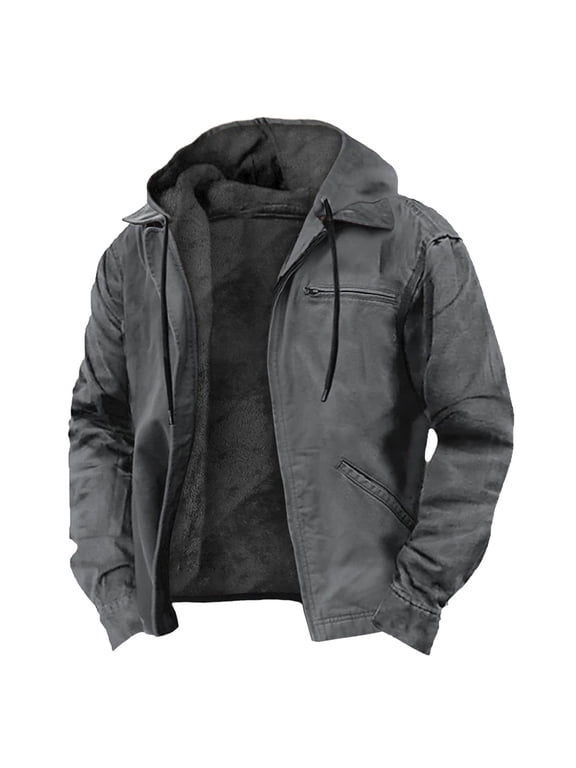 Men's Detachable Hood Fleece Lined Jacket Faux Leather Collar Multi Pocket Asymmetric Zip Workwear Coat Vintage Thick Warm Casual Functional Outerwear for Fall Winter Gray S