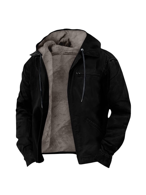 Men's Detachable Hood Fleece Lined Jacket Faux Leather Collar Multi Pocket Asymmetric Zip Workwear Coat Vintage Thick Warm Casual Functional Outerwear for Fall Winter Black S