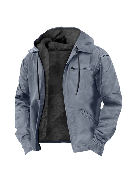 Men's Detachable Hood Fleece Lined Jacket Faux Leather Collar Multi Pocket Asymmetric Zip Workwear Coat Vintage Thick Warm Casual Functional Outerwear for Fall Winter Multicolor X7XL