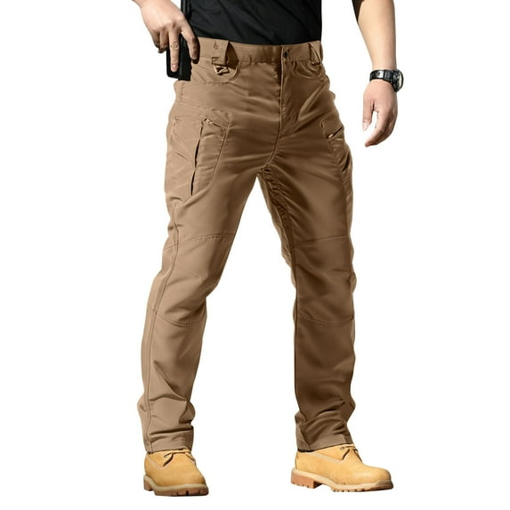 TQWQT Men's Flex Stretch Tactical Pants, Water Resistant Ripstop Cargo Pants, Lightweight EDC Outdoor Work Hiking Pants Brown S