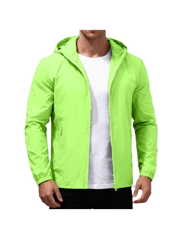 Men's Hooded Lightweight Windproof Jacket Full Zip Long Sleeve Elastic Cuff Solid Casual Rain Coat with Zipper Side Pockets Outdoor Hiking Commute Packable Outerwear Fluorescent Green XL