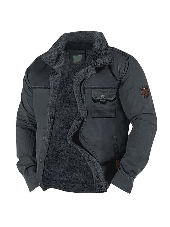 Men's Lapel Sherpa Lined Cargo Jacket Button Down Multi-Pocket Thick Warm Cotton Coat Vintage Casual Long Sleeve Trucker Outerwear for Fall Winter Dark Blue M