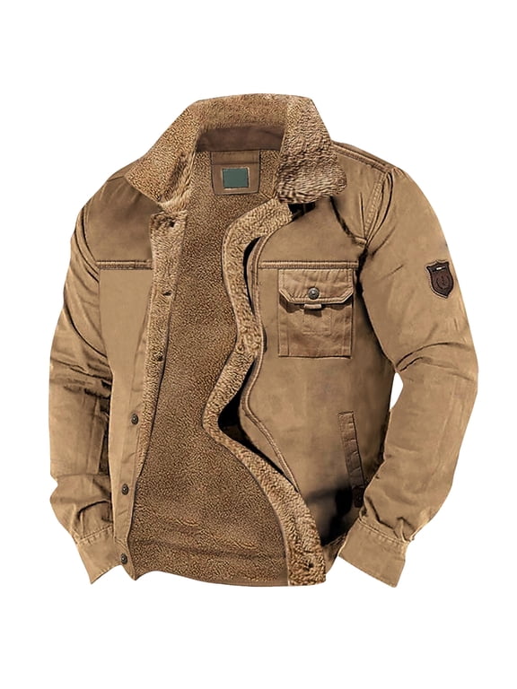 Men's Lapel Sherpa Lined Cargo Jacket Button Down Multi-Pocket Thick Warm Cotton Coat Vintage Casual Long Sleeve Trucker Outerwear for Fall Winter Khaki M