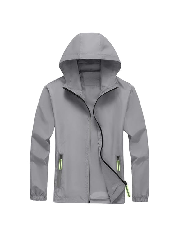 Men's Lightweight Hooded Windbreaker Jacket Full Zip Zipper Pockets Packable Outdoor Sun Protection Coat Long Sleeve Casual Hiking Cycling Commuter Solid Outerwear Gray M