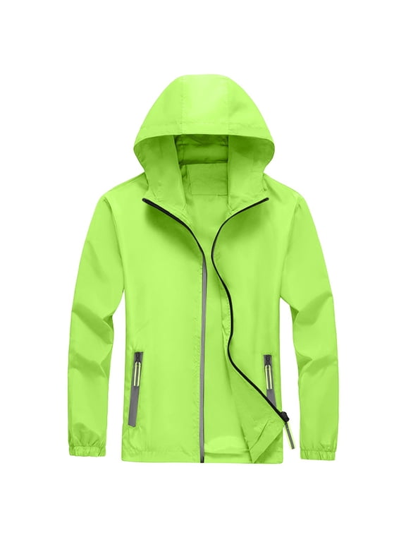 Men's Lightweight Hooded Windbreaker Jacket Full Zip Zipper Pockets Packable Outdoor Sun Protection Coat Long Sleeve Casual Hiking Cycling Commuter Solid Outerwear Fluorescent Green M