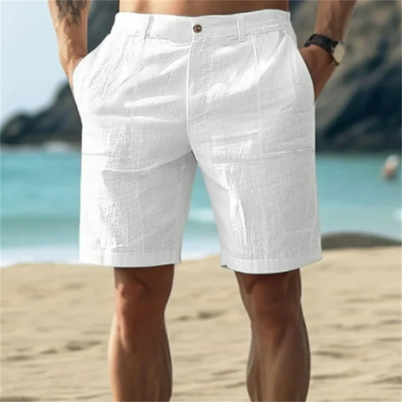 TQWQT Men's Linen Shorts Dressy Casual Elastic Waist Breathable Vacation Shorts Trendy Summer Beach Vacation Shorts with Pockets White 2XL