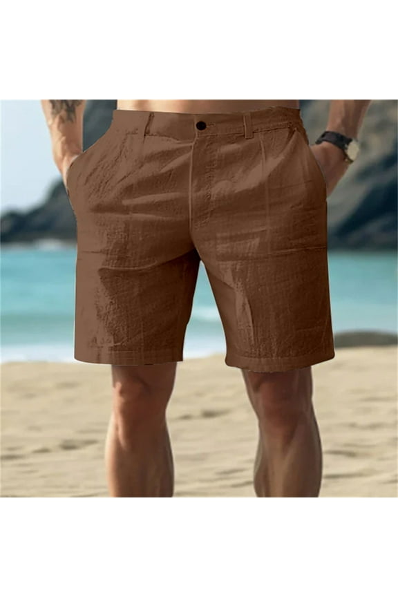TQWQT Men's Linen Shorts Elastic Waist Breathable Beach Shorts Dressy Casual Vacation Shorts with Pockets Coffee 3XL