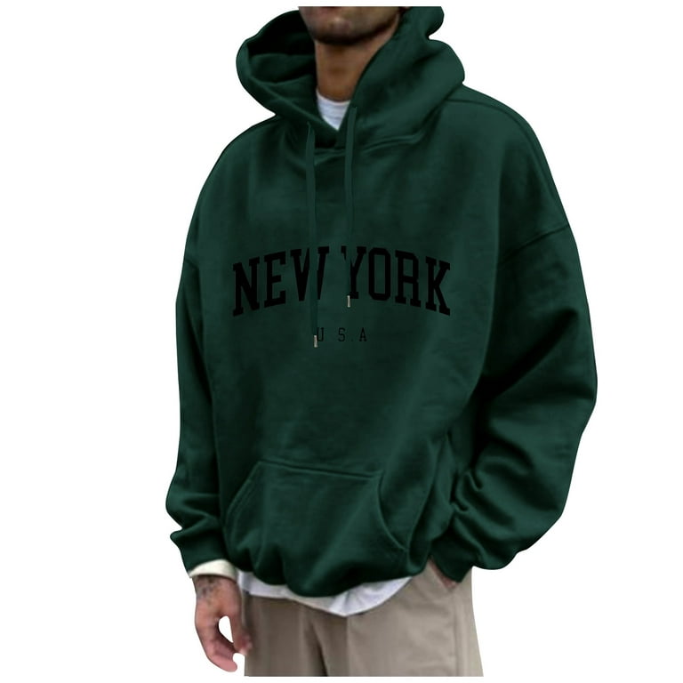 TQWQT Men's Oversized Pullover Letter Print Graphic Hoodies Long Sleeve  Casual New York Sweatshirt with Pocket Dark Green 6XL 