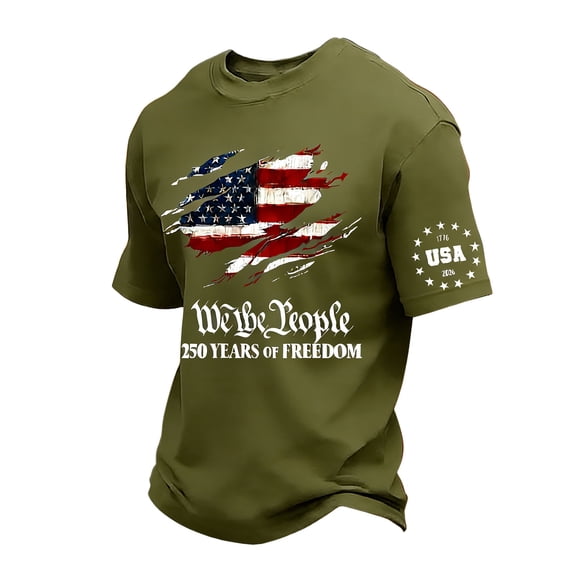 TQWQT Men's We The People American Flag Patriotic T-Shirt Short Sleeve 250 Years of Freedom 4th of July Shirt Crew Neck Summer Workout Tops 1776-2026 Graphic Tees Army Green 2XL