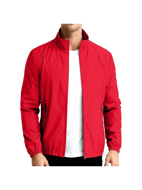 Men's Stand Collar Lightweight Windproof Jacket Full Zip Long Sleeve Elastic Cuff Solid Casual Coat with Zipper Side Pockets Daily Commute Travel Outerwear for Spring Fall Red M