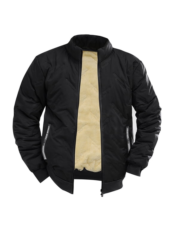 Men's Stand Collar Sherpa Lined Padded Jacket Quilted Full Zip Winter Warm Coat with Side Pockets Windproof Long Sleeve Casual Commuter Outerwear Black 4XL