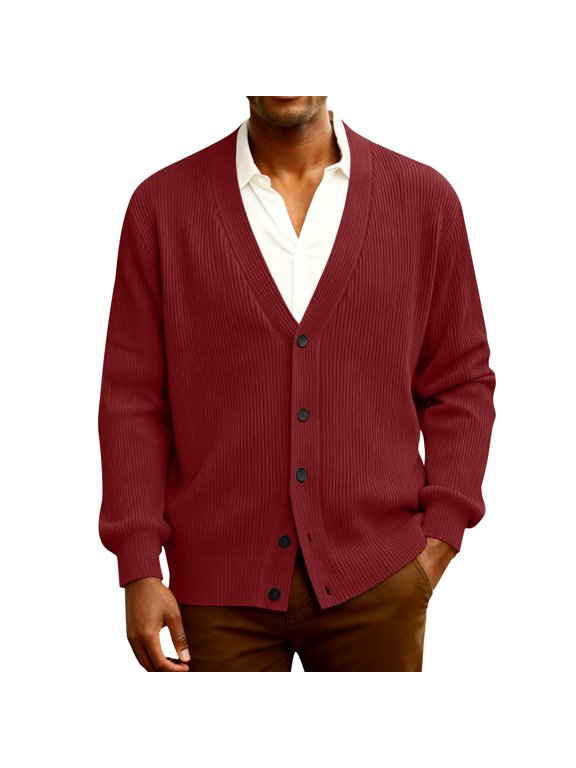 Men's V Neck Vertical Striped Knit Cardigan Button Down Long Sleeve Loose Fit Solid Color Casual Sweater Jacket Spring Fall Smart Casual Daily Layering Outerwear Red S