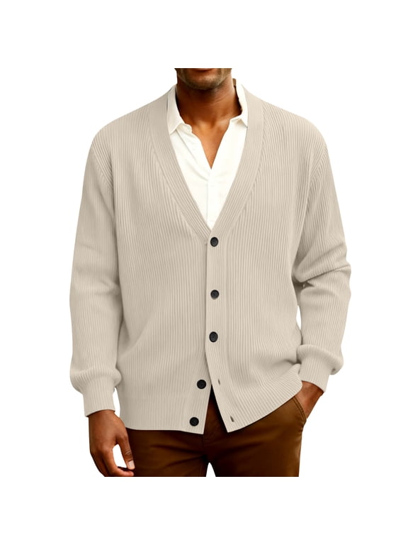 Men's V Neck Vertical Striped Knit Cardigan Button Down Long Sleeve Loose Fit Solid Color Casual Sweater Jacket Spring Fall Smart Casual Daily Layering Outerwear Beige 3XL