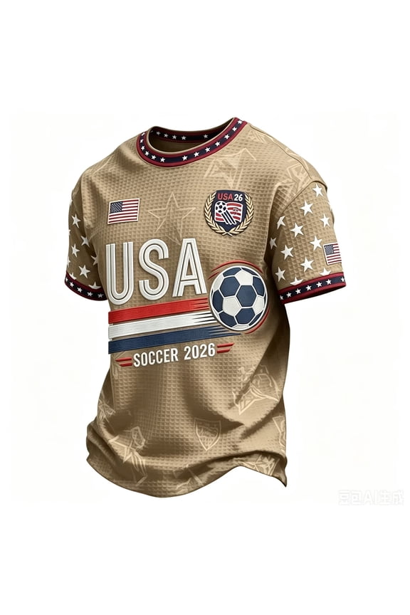 Mens 2026 Shirts National Team Patriotic Shirt Football American Flag T-Shirt Crew Neck Short Sleeve Fan Game Day Graphic Tee Beige L