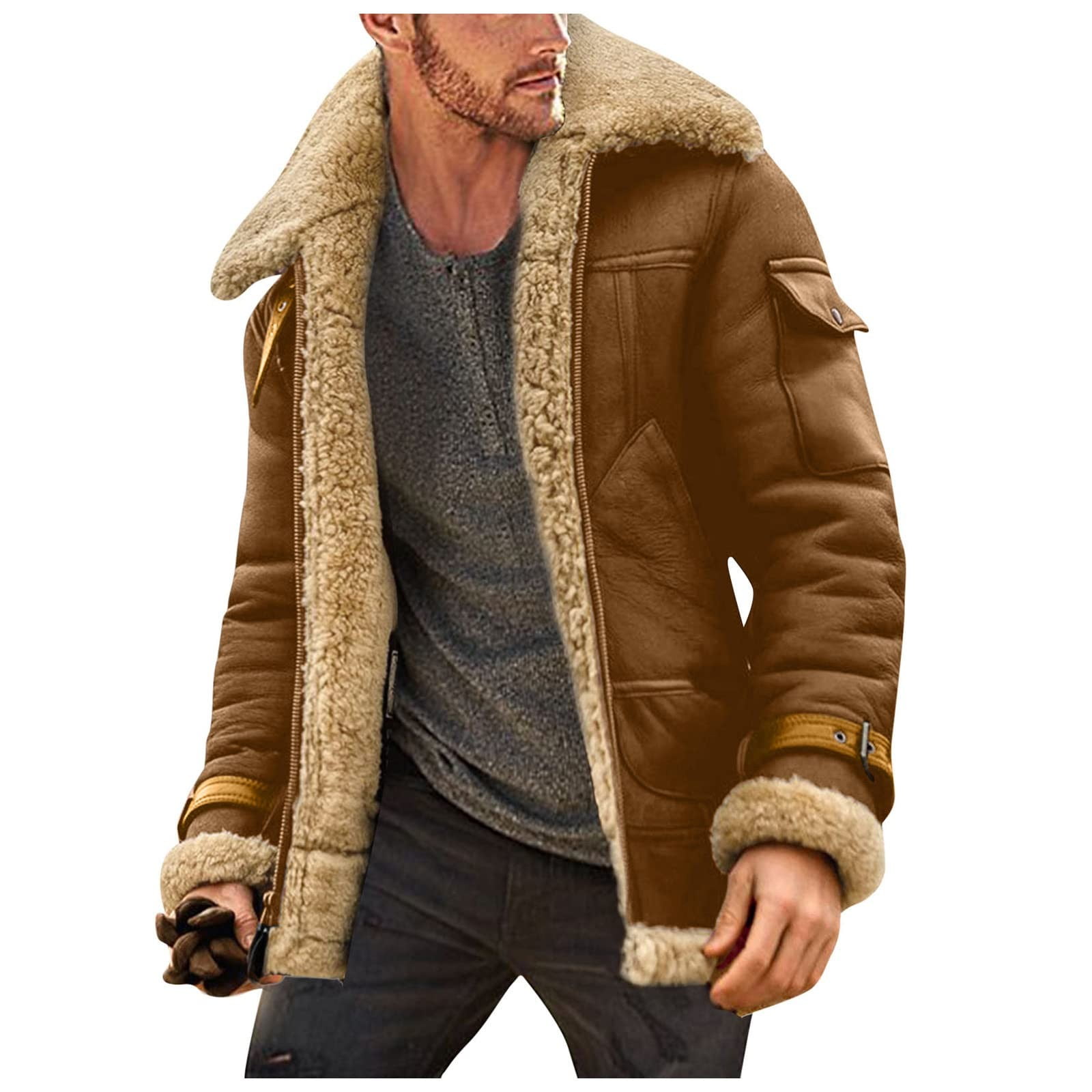 Leather Jacket Mens Faux Fur Jacket Sherpa Lined Fleece Shearling Coat Warm  Military Cargo Trucker Aviator Bomber Jacket Outwear