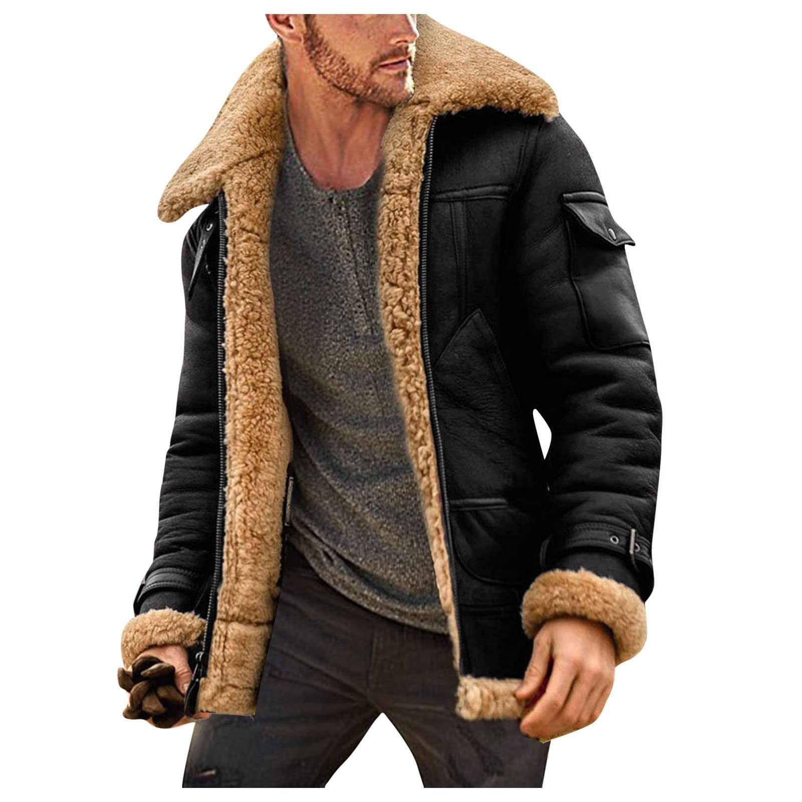 Mens Faux Fur Collar Hooded Jacket Work Winter Warm Lined Parka