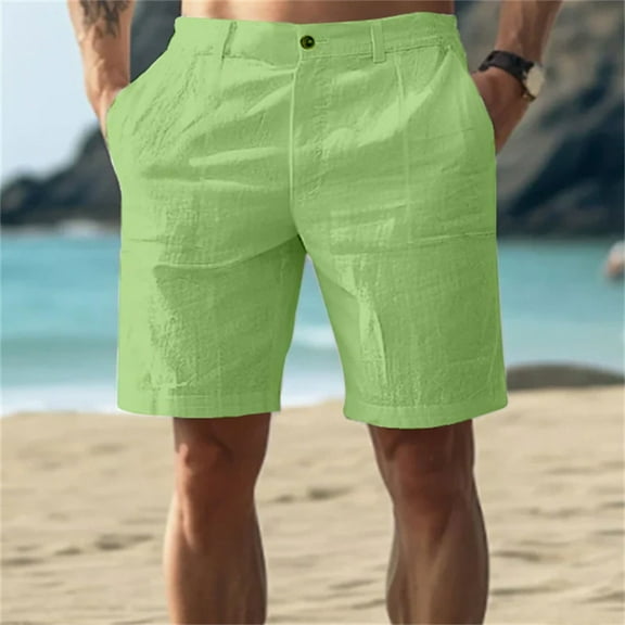 TQWQT Mens Linen Shorts Beach Shorts Elastic Waist Breathable Cotton Linen Shorts Dressy Casual Vacation Shorts with Pockets Fluorescent Green XL