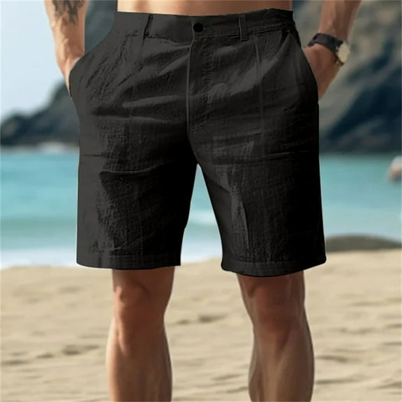 TQWQT Mens Linen Shorts Elastic Waist Beach Shorts Breathable Dressy Casual Breathable Shorts with Pockets Black L