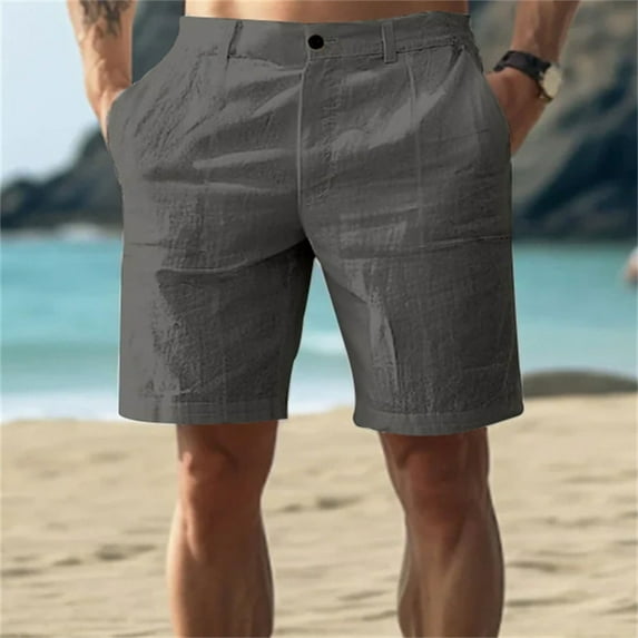 TQWQT Mens Linen Shorts Elastic Waist Breathable Beach Shorts Dressy Casual Beach Vacation Outfits with Pockets Dark Gray L