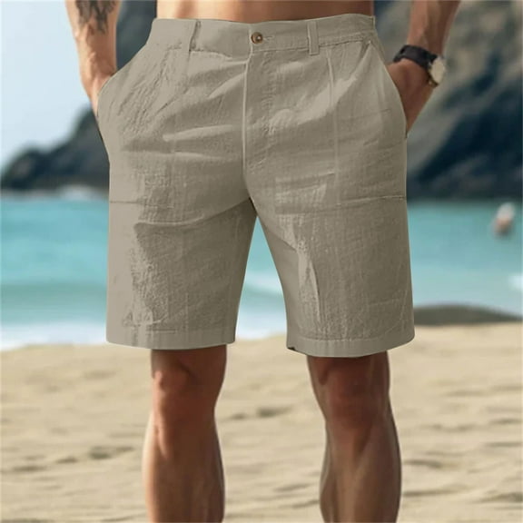 TQWQT Mens Linen Shorts Elastic Waist Trendy Summer Elastic Waist Big and Tall Shorts Dressy Casual Beach Shorts with Pockets Khaki L