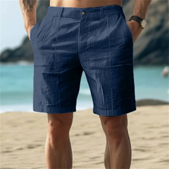 TQWQT Mens Linen Shorts Trendy Summer Breathable Elastic Waist Big and Tall Shorts Dressy Casual Beach Shorts with Pockets Navy M