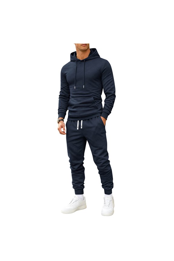 Mens Matching Plain Sweatsuits Gym Tracksuit Sets Long Sleeve Athletic Hooded Sweatshirt & Jogger Pants Workout Solid Matching Sweatsuit Set Navy XL