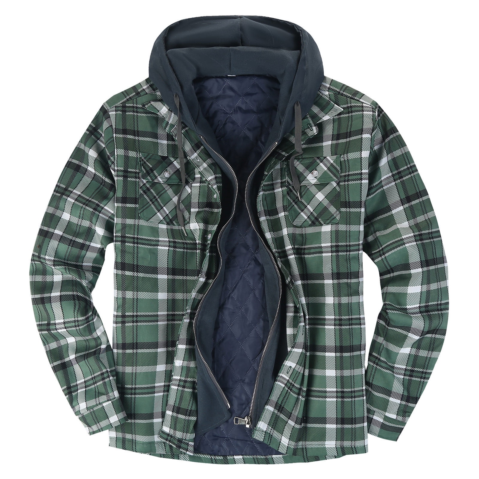 TQWQT Mens Plaid Shirts Jacket Sherpa Fleece Lined Flannel Hoodies Button Down Long Sleeve Big and Tall Zip Up Hooded Coats Dark Green XXXL