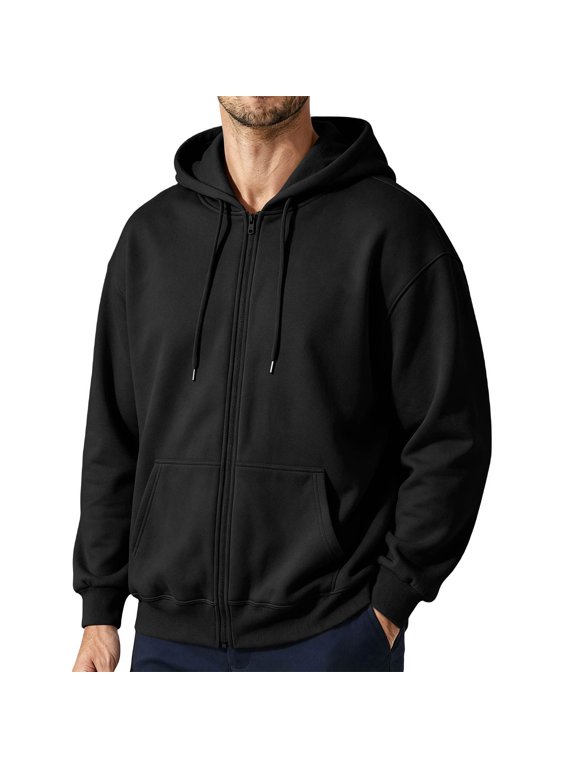 Mens Solid Full Zip Up Hoodie Drawstring Hooded Sweatshirt Jacket with Kangaroo Pockets Drop Shoulder Loose Long Sleeve Casual Coat Fall Clothes Black M