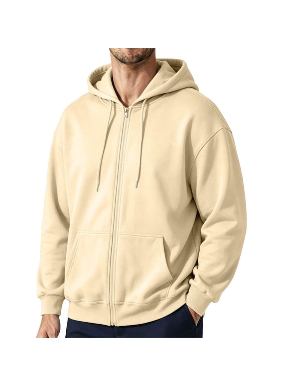 Mens Solid Full Zip Up Hoodie Drawstring Hooded Sweatshirt Jacket with Kangaroo Pockets Drop Shoulder Loose Long Sleeve Casual Coat Fall Clothes Camel 2XL