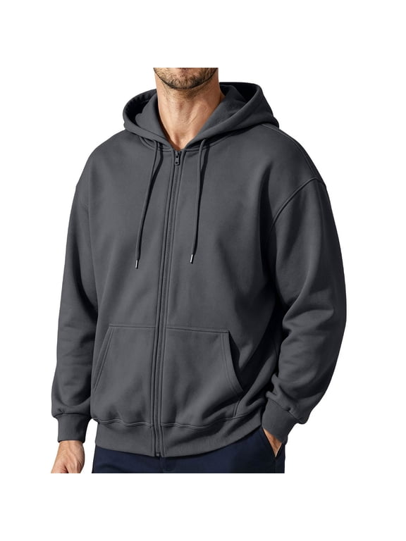 Mens Solid Full Zip Up Hoodie Drawstring Hooded Sweatshirt Jacket with Kangaroo Pockets Drop Shoulder Loose Long Sleeve Casual Coat Fall Clothes Dark Gray M