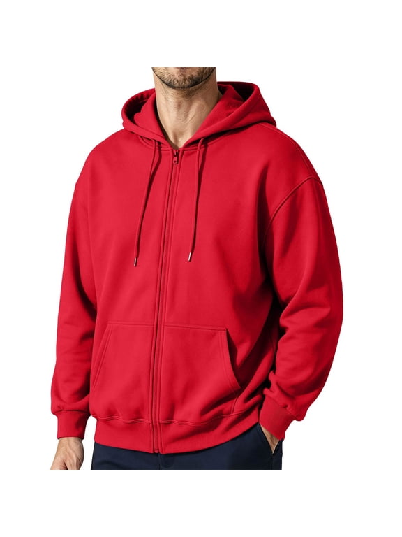 Mens Solid Full Zip Up Hoodie Drawstring Hooded Sweatshirt Jacket with Kangaroo Pockets Drop Shoulder Loose Long Sleeve Casual Coat Fall Clothes Red 2XL