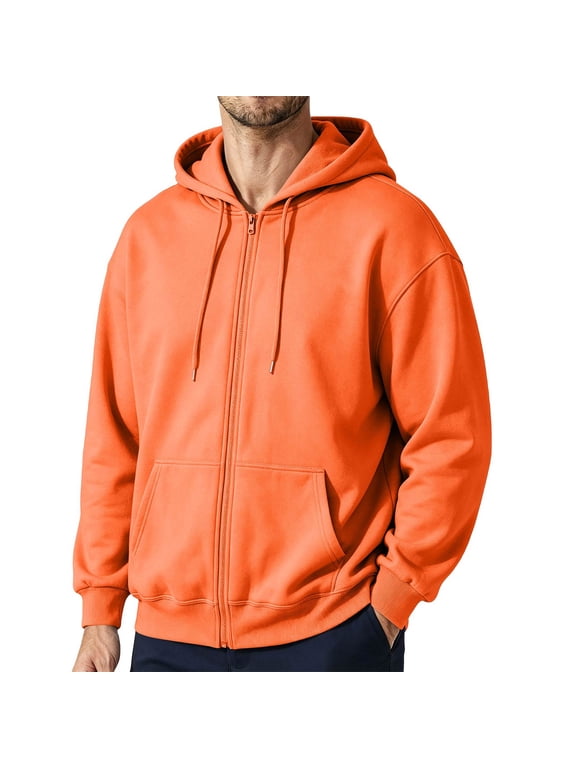 Mens Solid Full Zip Up Hoodie Drawstring Hooded Sweatshirt Jacket with Kangaroo Pockets Drop Shoulder Loose Long Sleeve Casual Coat Fall Clothes Saffron XL