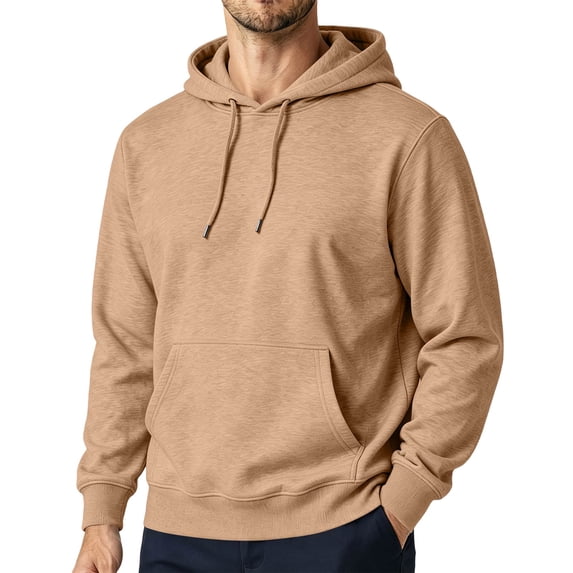 TQWQT Mens Solid Pullover Hoodie Drawstring Hooded Sweatshirt with Kangaroo Pocket Drop Shoulder Loose Long Sleeve Casual Tops Fall Clothes Camel M