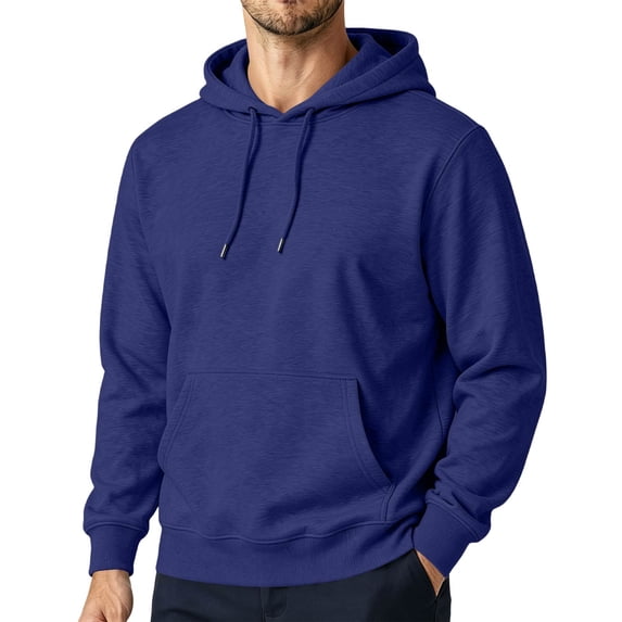 TQWQT Mens Solid Pullover Hoodie Drawstring Hooded Sweatshirt with Kangaroo Pocket Drop Shoulder Loose Long Sleeve Casual Tops Fall Clothes Navy S