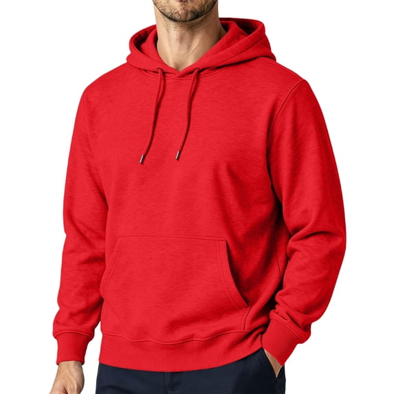 TQWQT Mens Solid Pullover Hoodie Drawstring Hooded Sweatshirt with Kangaroo Pocket Drop Shoulder Loose Long Sleeve Casual Tops Fall Clothes Red 2XL