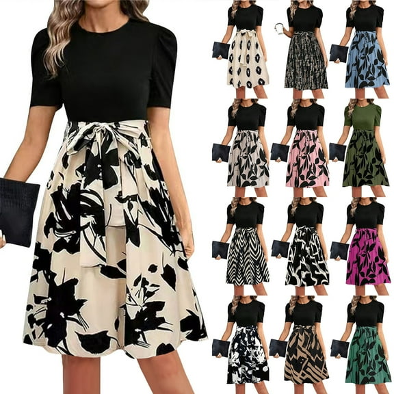 TQWQT Midi Dresses for Women Short Sleeve Teacher Dress Flowy Maxi Dresses Floral Print Empire Waist Casual Patchwork Ruffle Hem A Line Dresses Wedding Guest Business Casual Outfits