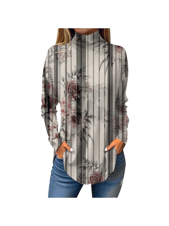 TQWQT Mock Turtle Necks Tops for Women Fall Floral Printed Tunic Top Long Sleeve Plus Size Shirt Loose Fit Mockneck T Shirts Trendy Curved Hem Graphic Tee Dark Gray L