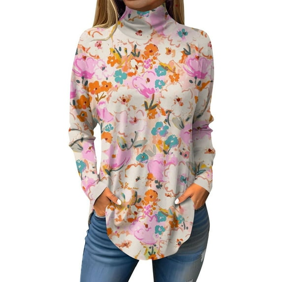 TQWQT Mock Turtle Necks Tops for Women Fall Floral Printed Tunic Top Long Sleeve Plus Size Shirt Loose Fit Mockneck T Shirts Trendy Curved Hem Graphic Tee Multicolor M