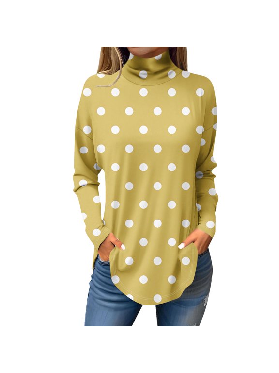 Mock Turtle Necks Tops for Women Fall Polka Dot Printed Tunic Top Long Sleeve Plus Size Shirt Loose Fit Mockneck T-Shirts Curved Hem Graphic Tee Yellow S