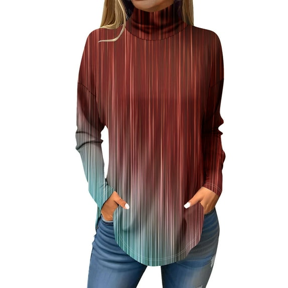 TQWQT Mock Turtle Necks Tops for Women Plus Size Color Block Printed T-Shirt Mockneck Long Sleeve Loose Fit Curved Hem Graphic Tee Fall Outfits 2024 Tunic Top Wine 3XL