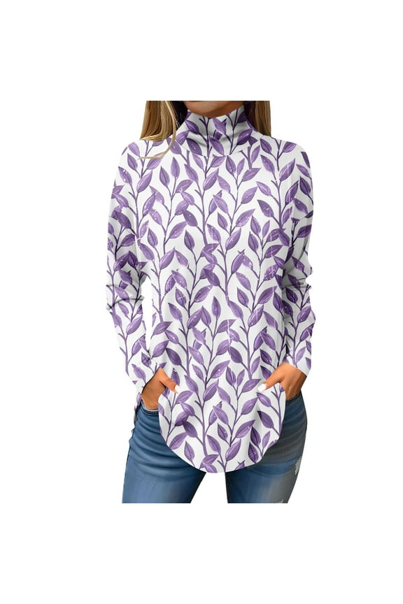 Mock Turtle Necks Tops for Women Plus Size Floral Printed T Shirts Mockneck Long Sleeve Loose Fit Curved Hem Graphic Tee Fall Outfits 2024 Purple M