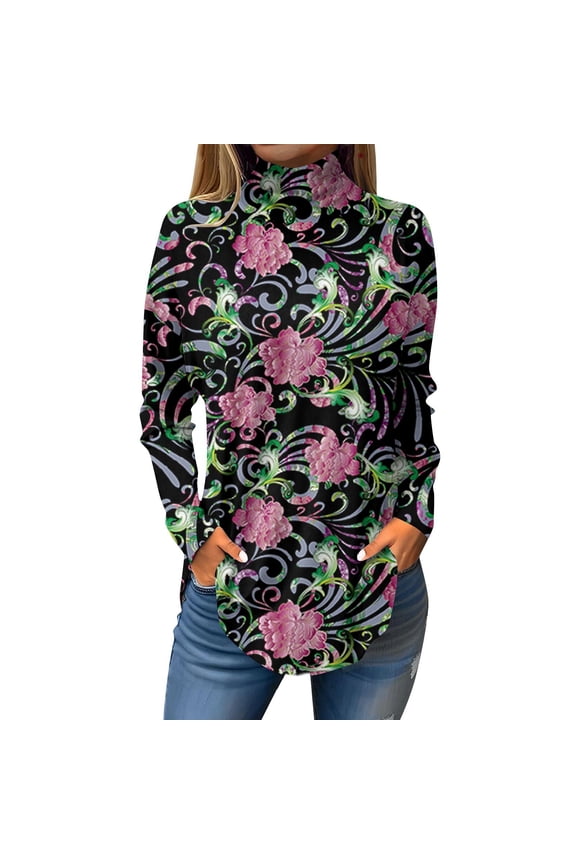 TQWQT Mock Turtle Necks Tops for Women Plus Size Floral Printed T Shirts Turtleneck Long Sleeve Loose Fit Curved Hem Graphic Tee Fall Outfits 2024 Hot Pink XL
