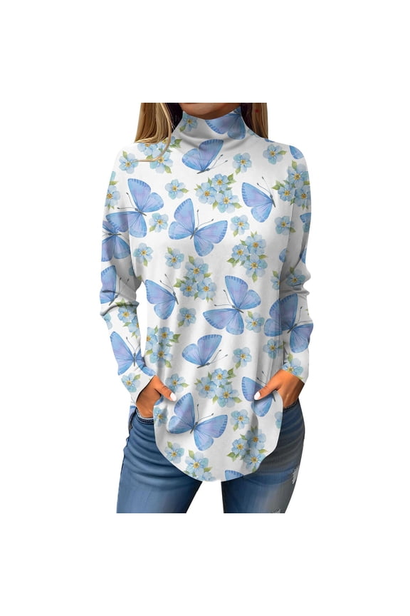 TQWQT Mock Turtle Necks Tops for Women Plus Size Floral Printed Tunic Top Long Sleeve Loose Fit Shirt Fall Turtleneck T-Shirt Curved Hem Graphic Tee Blue L